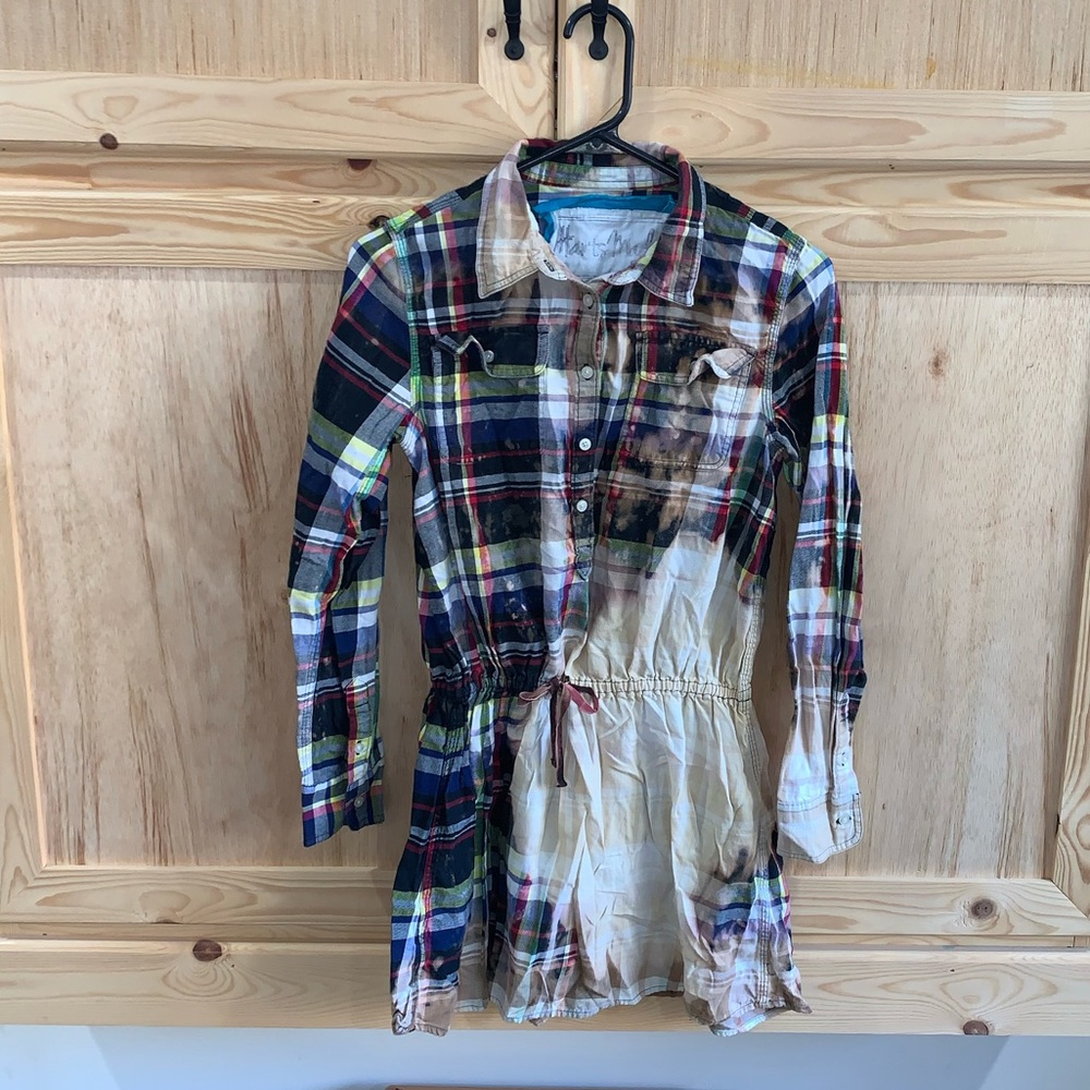 Harts Made factory distressed bleached plaid mini dress size M